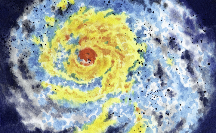 An aerial view of the eye of a violent storm. This image, photographed and created by me, Sandy Sandy, has minimal post processing and shows off the granular imperfections of natural pigments. Interesting color transitions flow and mingle in an soft organic way, like nature itself and only true watercolor paint can. This image was painted with real water, synthetic brushes and tube watercolors on handmade, textured cotton rag paper.