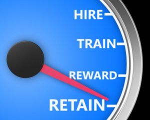 Hire Train Reward Retain words on a speedometer to illustrate human resources best practices processes for new employees 3d rendering