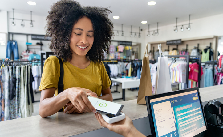 Happy Latin American woman making a mobile payment at a clothing store - contactless payment concepts