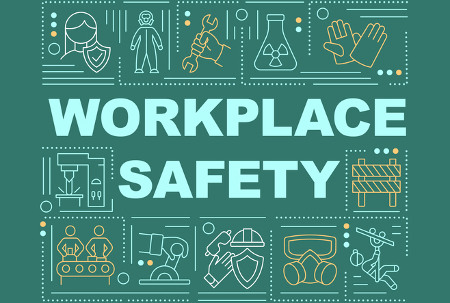 Workplace safety word concepts banner. Working environment. Hazard controls. Infographics with linear icons on green background. Isolated typography. Vector outline RGB color illustration