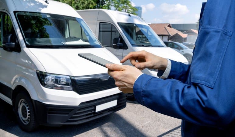 Delivery vans in a row. Commercial fleet