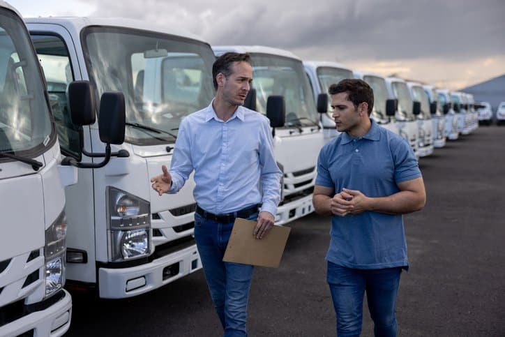 Latin American salesman showing trucks to a man at the dealership – car ownership concepts