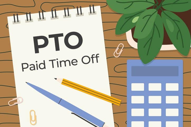PTO, Paid Time Off written in a spiral notebook; can be used in HR-related materials; promote take earned time off for health and well-being- vector illustration